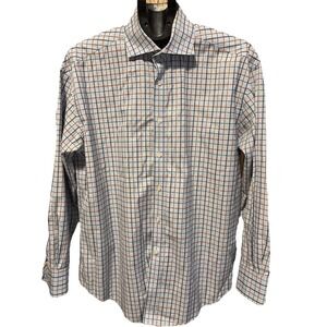 Johnston Murphy Shirt Mens L Blue Checked Button Up Flip Cuff 100% Cotton Preppy
